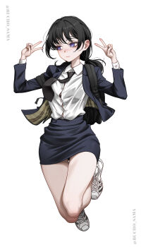 1girl absurdres black_hair black_jacket black_necktie black_skirt blazer bucho_sama chainsaw_man closed_mouth collared_shirt double_v highres jacket miniskirt mitaka_asa necktie purple_eyes school_uniform shirt simple_background skirt solo v white_background white_shirt