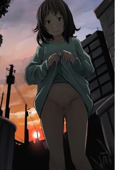 1girl blush bottomless brown_eyes brown_hair building cleft_of_venus closed_mouth cowboy_shot exhibitionism female_focus flashing grass green_shirt groin highres lifting_own_clothes loli long_shirt long_sleeves looking_at_viewer no_panties original outdoors power_lines public_indecency pussy rensyu shirt smile solo standing sunset third-party_edit uncensored