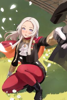 1boy 1girl absurdres black_boots black_gloves black_skirt blue_ribbon boots breasts commentary edelgard_von_hresvelg falling_petals fire_emblem fire_emblem:_three_houses flower garreg_mach_monastery_uniform gloves grass hair_intakes highres holding_hands long_sleeves male_byleth_(fire_emblem) medium_breasts miniskirt nintendo pantyhose pearlbbbb petals red_pantyhose ribbon sitting skirt solo_focus thick_thighs thighs white_eyes white_flower white_gloves white_hair white_petals
