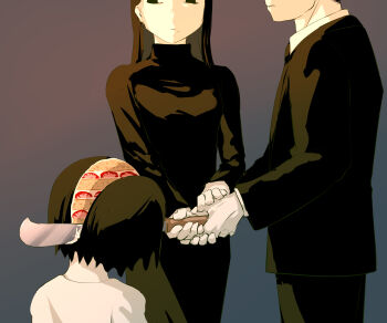 1boy 1girl 1other absurdres avogado6 black_dress black_hair cake child cutting dress eyes_out_of_frame food gradient_background grey_background head_out_of_frame highres icing knife long_sleeves mole mole_under_mouth original split_head strawberry_cake symbolism