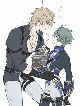 ... 2boys ahoge belt belt_collar black_belt black_gloves black_shirt blonde_hair blue_shirt blush choker coat collar collarbone collared_shirt commentary_request cup drinking_glass ear_piercing earrings fingerless_gloves genshin_impact gloves green_hair grey_pants hair_between_eyes hair_intakes harness height_difference highres hikaru002001 holding holding_cup jewelry lohen_(genshin_impact) long_sleeves male_focus mole mole_under_eye mug multicolored_eyes multiple_boys open_clothes open_coat pants pectorals piercing scar scar_on_face shirt short_hair signature single_earring sleeves_rolled_up speech_bubble thigh_strap varka_(genshin_impact) white_background white_pants yaoi