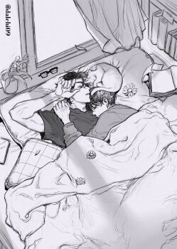 2boys bedroom book bookshelf cat closed_eyes commentary curtains dalchi09 english_commentary falling_leaves flower from_above glasses greyscale hand_up highres indoors kim_dokja leaf monochrome multiple_boys omniscient_reader's_viewpoint open_book open_window plant potted_plant shirt short_hair sleeping sleeping_on_person sunflower t-shirt toned toned_male under_covers wind window window_light yoo_joonghyuk