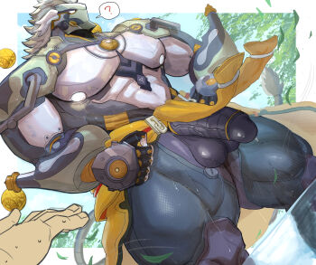 1boy ? banyue_(zenless_zone_zero) bara clothes_around_waist commentary_request grey_hair highres long_hair male_focus miazuma_shouki muscular muscular_male orb penis precum robot_boy robot_penis speech_bubble spoken_question_mark tail testicles wet white_hair zenless_zone_zero