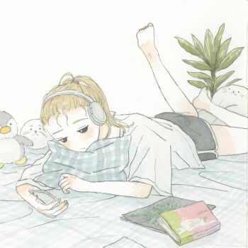 1girl barefoot bird black_shorts blonde_hair book cellphone commentary_request dolphin_shorts feet gingham hair_tie headphones highres holding holding_phone hugging_object leg_up light_blush looking_at_object loose_clothes loose_shirt lying medium_hair on_stomach original oshima_tomoko phone pillow plant shirt shorts simple_background smartphone solo stuffed_animal stuffed_penguin stuffed_seal stuffed_toy white_background white_shirt
