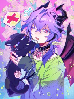 1boy absurdres animal animal_hands bow cat cat_paws chain choker cross dragon_boy dragon_horns dragon_wings eromkk genshin_impact highres holding holding_animal holding_cat horns mini_durin_(genshin_impact) mini_durin_(human)_(genshin_impact) one_eye_closed open_mouth pink_eyes scaramouche_(cat)_(genshin_impact) scaramouche_(genshin_impact) speech_bubble watermark wings