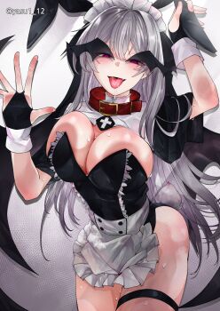 1girl against_fourth_wall animal_ear_hairband animal_ears apron ass black_gloves blush breast_press breasts bridal_gauntlets collar demon_girl demon_wings double-parted_bangs drooling facing_viewer fake_animal_ears fake_tail fang gloves grey_hair guimpe haagyu hair_between_eyes hairband hand_on_headwear head_wings highres huge_breasts long_hair looking_at_viewer maid maid_apron maid_headdress maid_leotard nontraditional_playboy_bunny original rabbit_ears red_collar red_eyes saliva solo sweat tail thigh_strap tongue tongue_out unconventional_maid veil very_long_hair white_background wings wings_over_eyes