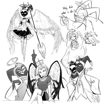 1boy 1girl :&gt; adam_(hazbin_hotel) aida_(aidacamelia0516) angel angel_wings animalization apron crossed_legs eyelashes greyscale halo hazbin_hotel hellaverse highres horns looking_at_viewer low_wings lute_(hazbin_hotel) maid maid_apron mask middle_finger monochrome person_and_animalization polearm robe sharp_teeth smile smug spear teeth weapon wings