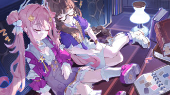 2girls aged_down asc11 brown_hair capelet child closed_eyes commentary dress entropy_(honkai_impact_3rd) female_dreamseeker_(honkai_impact) glasses highres honkai_(series) honkai_impact_3rd indoors lamp leylah_(honkai_impact) long_hair medium_hair multiple_girls pink_hair pink_shoes purple_capelet purple_dress shoes sleeping socks symbol-only_commentary twintails very_long_hair watch white_dress white_shoes white_socks wristwatch youyun zzz