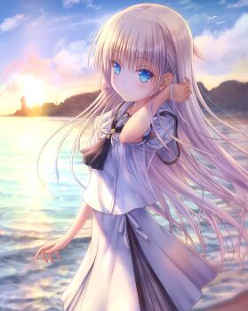 Rule 34 | 1girl, parallel hairclips, arm at side, ascot, bird, black ascot, blue eyes, blue sky, blush, commentary, cowboy shot, day, floating hair, goto p, hair behind ear, hair between eyes, hair ornament, hairclip, hand up, lighthouse, long hair, looking at viewer, morning, naruse shiroha, ocean, outdoors, sailor collar, school uniform, seagull, serafuku, shirt, short sleeves, sidelighting, skirt, sky, solo, summer pockets, summer pockets school uniform, sun, sunlight, very long hair, white hair, white sailor collar, white serafuku, white shirt, white skirt, wind