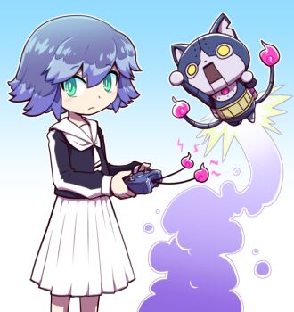 1girl aqua_eyes blue_hair cat controller fire flame-tipped_tail gradient_background haramaki himekawa_fubuki holding holding_remote_control jetpack looking_at_viewer multiple_tails nollety non-humanoid_robot notched_ear pleated_skirt remote_control rivets robonyan robot robot_animal robot_cat short_hair skirt tail two_tails white_skirt yellow_eyes youkai_(youkai_watch) youkai_watch youkai_watch_jam:_youkai_gakuen_y
