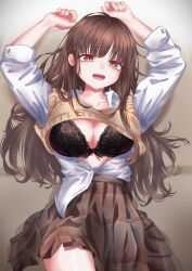 Rule 34 | 1girl, :o, absurdres, anil5609, arms up, black bra, blush, bra, breasts, brown hair, brown sweater vest, cleavage, collarbone, dark skin, highres, idolmaster, idolmaster shiny colors, lace, lace-trimmed bra, lace trim, large breasts, long hair, open clothes, open shirt, plaid, plaid skirt, shirt, skirt, solo, sonoda chiyoko, sweat, sweater vest, underwear, very long hair, white shirt