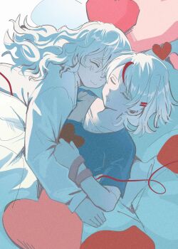 2girls :3 absurdres bed_sheet blue_shirt blush clenched_hand closed_eyes closed_mouth clothes_grab collarbone commentary drooling english_commentary from_above grabbing_another's_sleeve hair_between_eyes hair_down hair_ornament hairclip head_on_pillow heart heart-shaped_pillow highres hug hug_from_side kanna_(love-bullet) koharu_(love-bullet) long_hair long_sleeves love-bullet lying mouth_drool multicolored_hair multiple_girls multiple_wristbands on_back on_side open_mouth pajamas parallel_hairclips parted_bangs pillow posymistic red_streaks shirt short_hair short_sleeves sidelighting sleeping smile streaked_hair string under_covers upper_body wavy_hair white_hair white_pajamas white_shirt yuri