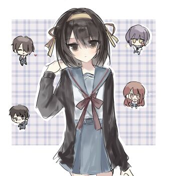 Rule 34 | 2boys, 3girls, asahina mikuru, black cardigan, black hair, blue sailor collar, blue skirt, blush stickers, brown eyes, cardigan, chibi, closed eyes, commentary, grid background, hair ribbon, heart, highres, kita high school uniform, koizumi itsuki, kyon, long hair, looking at viewer, multiple boys, multiple girls, nagato yuki, purple hair, red hair, reiovo o, ribbon, sailor collar, school uniform, short hair, skirt, suzumiya haruhi, suzumiya haruhi no yuuutsu, winter uniform, yellow ribbon