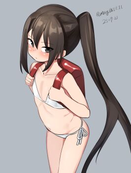 1girl absurdres aged_down backpack bag bikini black_hair dated feet_out_of_frame flat_chest grey_background highres kantai_collection loli long_hair maru_(marg0613) nachi_(kancolle) one-hour_drawing_challenge ponytail randoseru side-tie_bikini_bottom simple_background solo swimsuit twitter_username very_long_hair white_bikini