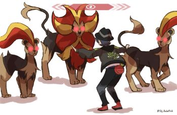 1boy alpha_pokemon black_hair black_hat black_pants gen_6_pokemon glowing glowing_eyes green_jacket hashtag-only_commentary hat jacket lion long_sleeves mane meme nintendo open_clothes open_jacket outstretched_arms pants parody paxton_(pokemon) pokemon pokemon_(creature) pokemon_legends:_z-a prattkeeping_(meme) pyroar pyroar_(female) pyroar_(male) red_eyes shirt shoes short_hair spread_arms striped_hat tail white_shirt yomogi_dango_(sbj_rocketlink)