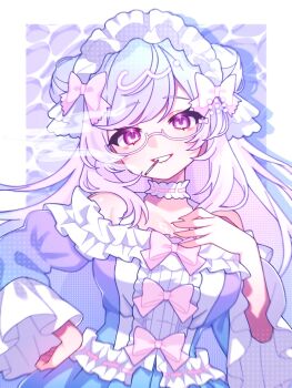 1girl bad_id bad_twitter_id bow breasts character_request choker cigarette cleavage copyright_request double_bun glasses grey-framed_eyewear grey_hair hair_bow hair_bun hand_on_own_chest hand_on_own_hip highres large_breasts long_sleeves maosuke_064 pink_bow pink_eyes round_eyewear semi-rimless_eyewear smoke solo under-rim_eyewear upper_body white_choker