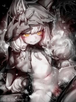 1boy 1girl animal_ear_fluff animal_ears arknights arknights:_endfield bilibili_username blur_censor censored character_request chinese_commentary commentary_request ears_through_headwear flat_chest greyscale hat highres kupa_(jesterwii) loli medium_hair monochrome motion_lines navel penis sex stomach sweat tail vaginal yellow_eyes