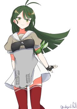 1girl absurdres antenna_hair apron feet_out_of_frame gloves green_eyes green_hair grey_apron grey_shirt highres kantai_collection long_hair looking_at_viewer one-hour_drawing_challenge red_thighhighs robinson_(day_l_full) sailor_collar sailor_shirt shirt simple_background solo sugi_(kancolle) swept_bangs thighhighs twitter_username white_background white_gloves white_sailor_collar white_shirt