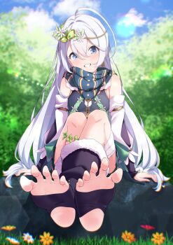 1girl aoba_chika feet flower flower_ornament godai_01 hair_flower hair_ornament highres long_hair magia_record:_mahou_shoujo_madoka_magica_gaiden magical_girl mahou_shoujo_madoka_magica purple_eyes scarf sitting smile toes tree white_hair