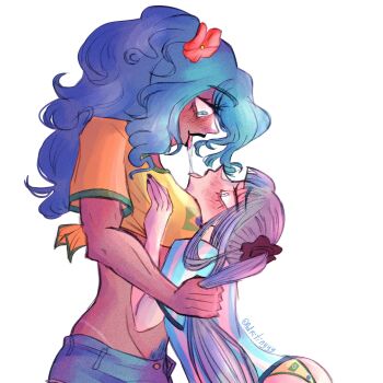 2girls adritinyyy aqua_hair argentina argentinian_flag argentinian_miku blush brazil brazilian_miku breasts dark-skinned_female dark_skin earrings female_pubic_hair hair_ornament hatsune_miku highres jewelry large_breasts long_hair multiple_girls pubic_hair pubic_hair_peek selfcest shirt vocaloid yuri