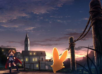 arle_nadja boots brown_hair cape carbuncle_(puyopuyo) cloud madou_monogatari puyopuyo puyopuyo_n scenery short_hair skirt sky solo twilight yakka