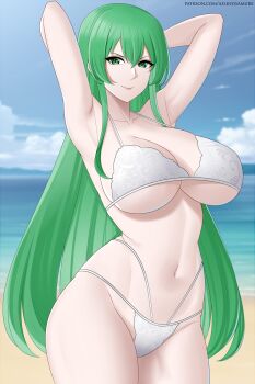 1girl aslindsamure beach breasts cloud cloudy_sky fairy_tail green_eyes hisui_e._fiore large_breasts long_hair sky smile swimsuit