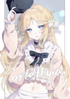 1girl absurdres black_bow black_bowtie black_hat blonde_hair blue_eyes bow bowtie breasts cartethyia_(wuthering_waves) character_name collarbone commentary_request cowboy_shot earrings flower_earrings hair_intakes hand_up hat highres holding holding_unworn_clothes holding_unworn_hat jewelry light_blush long_hair looking_at_viewer medium_breasts midriff navel official_alternate_costume open_mouth parted_bangs pointy_ears shigureszku skirt smile solo tacet_mark_(wuthering_waves) unworn_hat unworn_headwear white_skirt wuthering_waves