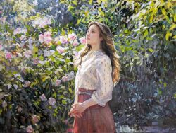 Rule 34 | 1girl, brown hair, brown skirt, bush, day, flower, highres, long hair, looking to the side, oil painting (medium), original, painting (medium), pink flower, pink rose, plant, rose, rose bush, shadow, shirt, skirt, solo, traditional media, tsukiyo ono, white shirt