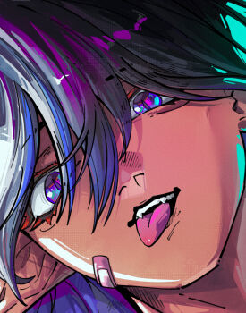 bandage_on_face bandages close-up commentary english_commentary fangs green_light grey_hair highres indie_virtual_youtuber marianna_fox nico_artt pointy_ears purple_hair tongue tongue_out virtual_youtuber