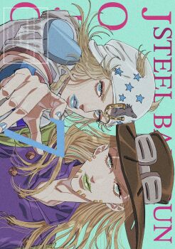 Rule 34 | 2boys, beanie, beard, blonde hair, blue eyes, blue lips, blue nails, brown hat, commentary, copyright name, cowboy hat, english commentary, facial hair, goggles, goggles on headwear, green eyes, green lips, gyro zeppeli, hagiko15, hat, heart ornament, high collar, highres, hood, hood down, hoodie, horse print, horseshoe hat ornament, horseshoe ornament, johnny joestar, jojo no kimyou na bouken, long hair, looking at viewer, makeup, male focus, medium hair, multiple boys, parted lips, pointing, purple shirt, shirt, shorts, sideways, star (symbol), star print, steel ball run, white hat, white hoodie, wristband