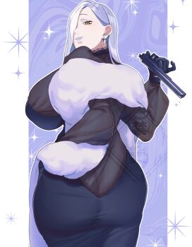 1girl absurdres ass back black_dress black_gloves blue_lips breasts commentary_request dress earrings eyeliner fate/grand_order fate_(series) feather_boa gloves grey_dress gun hair_over_one_eye handgun highres hiyayaako jewelry large_breasts long_hair long_sleeves looking_at_viewer looking_back m1911 makeup mrs._snake_(fate) parted_lips smile solo two-tone_dress weapon white_hair wide_hips yellow_eyes