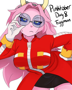 1girl absurdres acidart artist_name ashido_mina black_sclera boku_no_hero_academia colored_sclera colored_skin cosplay dr._eggman dr._eggman_(cosplay) female_focus highres horns pink_hair pink_skin solo sonic_(series) yellow_eyes yellow_horns