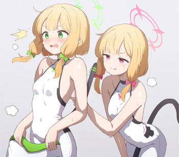 2girls backless_bodysuit blonde_hair blue_archive bodysuit bow breasts cat_tail commentary_request covered_navel fake_tail green_bow green_eyes green_halo hair_bow halo hamachikichiki highres midori_(battlesuit)_(blue_archive) midori_(blue_archive) momoi_(battlesuit)_(blue_archive) momoi_(blue_archive) multiple_girls official_alternate_costume pink_bow pink_eyes pink_halo siblings sisters sleeveless sleeveless_bodysuit small_breasts smile sweat tail tongue tongue_out twins white_bodysuit