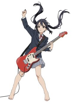 Rule 34 | 1girl, barefoot, black hair, brown eyes, commentary request, electric guitar, fender mustang, floating hair, full body, guitar, h4sh1rnoto, highres, instrument, k-on!, long hair, nakano azusa, plectrum, sakuragaoka high school uniform, school uniform, sketch, skirt, solo, twintails