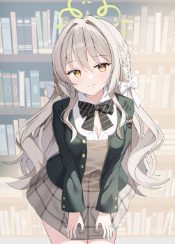 1girl absurdres black_bow black_bowtie blazer blue_archive blush book bookshelf bow bowtie braid breasts center_opening choppy_bangs cleavage closed_mouth commentary diagonal-striped_bow diagonal-striped_bowtie diagonal-striped_clothes gold_trim green_halo grey_hair grey_skirt hair_between_eyes hair_bow hair_intakes hair_ribbon halo hands_on_own_thighs highres jacket long_hair long_sleeves looking_at_viewer medium_breasts miyo_(blue_archive) ribbon ribbon_braid shirt skirt smile sob_(submar1089) solo standing striped_bow striped_bowtie striped_clothes thighs unbuttoned very_long_hair wavy_hair white_bow white_shirt wild_hunt_academy_of_arts_logo yellow_eyes