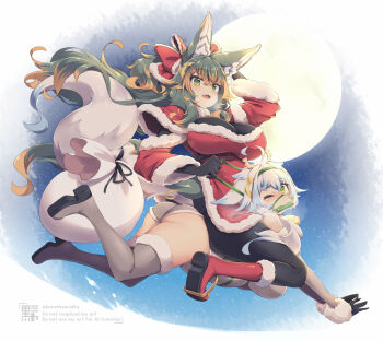 2girls animal_ears bit_gag black_gloves blue_hair bow breasts christmas commentary_request fang full_moon gag gloves green_eyes green_hair grey_thighhighs hair_bow kuromiya kuromiya_raika_(kuromiya) large_breasts looking_at_viewer moon multicolored_hair multiple_girls one_eye_closed open_mouth orange_hair original red_bow riding santa_costume shiromiya_asuka_(kuromiya) skin_fang smile snow tail thighhighs two-tone_hair white_hair