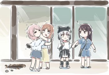 Rule 34 | 4girls, :3, animal ear headwear, bang dream!, bang dream! it's mygo!!!!!, black hair, black hat, black jacket, blue eyes, blue shirt, blue shorts, blue skirt, braid, brown eyes, brown hair, candy, chihaya anon, closed eyes, closed mouth, clothes around waist, commentary, corrupted twitter file, fake animal ears, food, grabbing another's arm, grey hair, hair ornament, hairclip, half up braid, hat, heart, heterochromia, highres, hole, hug, jacket, jacket around waist, kaname raana, long hair, lyy, matcha (food), multiple girls, nagasaki soyo, open mouth, purple eyes, rejected kiss, rock, shiina taki, shirt, short hair, shorts, sidelocks, skirt, squatting, symbol-only commentary, white shirt, yellow eyes, yellow skirt, yuri