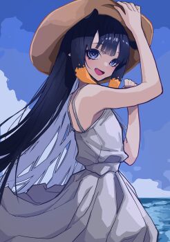 1girl :d absurdres alternate_costume arm_up bare_shoulders black_hair blue_sky blunt_bangs brown_hat center-flap_bangs cloud commentary cowboy_shot dot_nose double-parted_bangs dress english_commentary fang flat_chest from_side hair_flaps hand_on_own_hat hand_up hat highres hololive hololive_english long_hair looking_at_viewer looking_to_the_side loose_hair_strand mentally_deficient multicolored_hair ninomae_ina'nis ocean open_mouth orange_hair outdoors pointy_ears purple_eyes raised_eyebrows sidelocks sky sleeveless sleeveless_dress smile solo spaghetti_strap sun_hat sundress tentacle_hair two-tone_hair very_long_hair virtual_youtuber water white_dress wind