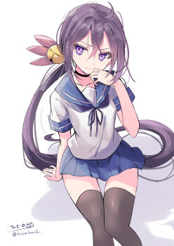 Rule 34 | 1girl, absurdly long hair, absurdres, ahoge, akebono (kancolle), black choker, black thighhighs, blue neckerchief, blue sailor collar, blue skirt, choker, commentary, double-parted bangs, flower, hair between eyes, hair flower, hair ornament, highres, hizaka, invisible chair, kantai collection, long hair, miniskirt, neckerchief, one-hour drawing challenge, pleated skirt, purple eyes, purple hair, sailor collar, school uniform, serafuku, shadow, shirt, short sleeves, side ponytail, sidelocks, signature, simple background, sitting, skirt, solo, thighhighs, twitter username, very long hair, white background, white shirt