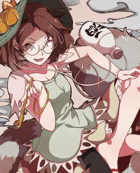1girl :3 :d animal_ears bottle bracelet brown_eyes brown_hair brown_skirt collarbone commentary_request fang fingernails frilled_skirt frills furrowed_brow futatsuiwa_mamizou gokuu_(acoloredpencil) gold_bracelet green_hat green_shirt hand_on_own_knee hat hat_belt highres holding holding_smoking_pipe jewelry kiseru looking_at_viewer medium_hair multicolored_skirt no_socks okobo open_mouth platform_sandals raccoon_ears raccoon_tail sake_bottle sandals semi-rimless_eyewear shirt skirt smile smoke smoke_trail smoking_pipe solo tail tanuki tokkuri touhou under-rim_eyewear