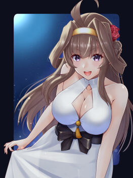 1girl absurdres ahoge black_border border breasts brown_hair cleavage cleavage_cutout clothing_cutout commentary_request double_bun dress flower gold_hairband hair_bun hair_flower hair_ornament hairband highres kantai_collection kongou_(anniversary)_(kancolle) kongou_(kancolle) long_hair mesera official_alternate_costume open_mouth purple_eyes red_flower red_rose rose smile solo star_(sky) starry_sky_background white_dress