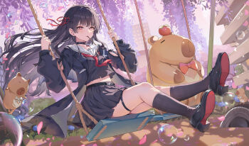 1girl absurdres arm_cutout belt belt_buckle black_belt black_hair black_jacket black_serafuku black_shirt black_shoes black_skirt block_heels blunt_ends blush breasts bright_pupils bubble buckle building bush capybara chisa_(wuthering_waves) clothing_cutout collarbone commentary crop_top dutch_angle falling_petals floating_hair food food_in_mouth food_on_head fruit fruit_on_head hair_ribbon hands_up highres hokori_sakuni holding jacket kneehighs legs long_hair long_sleeves looking_ahead mole mole_under_eye neckerchief object_on_head on_swing outstretched_legs parted_lips petals pink_petals pleated_skirt red_eyes red_neckerchief revision ribbon sailor_collar school_uniform serafuku shirt shoe_soles shoes sitting skirt snap-fit_buckle socks solo swing swinging_on_swing tacet_mark_(wuthering_waves) thigh_strap thighs tree unused_tire very_long_hair white_pupils white_sailor_collar wing_collar wuthering_waves