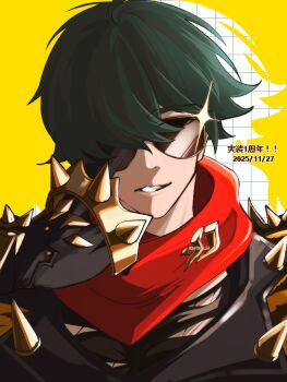 1boy adjusting_eyewear black_jacket black_shirt commentary_request dated green_hair hair_over_one_eye highres jacket karikari_be leather leather_jacket lighter_(zenless_zone_zero) male_focus parted_lips portrait red_scarf scarf shirt short_hair shoulder_spikes solo sparkle spiked_jacket spikes studded_gloves sunglasses torn_clothes torn_shirt yellow_background zenless_zone_zero