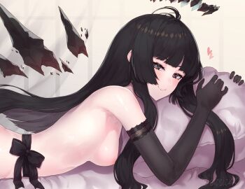 1girl areola_slip arknights black_eyes black_gloves black_hair black_halo black_wings breasts commentary_request detached_wings elbow_gloves gloves hair_censor halo highres lying medium_breasts naked_gloves on_bed on_stomach pillow pillow_grab sicsic49 smile solo virtuosa_(arknights) wings