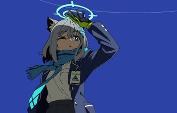 1girl animal_ear_fluff animal_ears black_skirt blazer blue_archive blue_eyes blue_scarf blue_sky cross_hair_ornament day earrings gloves green_gloves grey_hair hair_between_eyes hair_ornament halo jacket jewelry long_sleeves momomatang one_eye_closed open_clothes open_jacket outdoors parted_lips pleated_skirt scarf shading_eyes shiroko_(blue_archive) shirt shirt_tucked_in skirt sky solo stud_earrings white_shirt