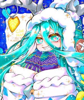 1girl antlers horns_through_headwear aqua_eyes aqua_hair ariabosu beanie blue_hat blue_scarf commentary_request dated earflap_beanie fate/grand_order fate_(series) grin hat highres horns long_hair louhi_(fate) louhi_(second_ascension)_(fate) marker_(medium) mittens pom_pom_(clothes) pom_pom_beanie purple_mittens scarf sharp_teeth signature smile solo teeth traditional_media upper_body winter_clothes