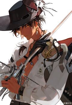 1boy absurdres arknights bishounen black_gloves black_hat brown_hair chinese_commentary closed_mouth commentary_request dark-skinned_male dark_skin ear_piercing earclip earrings gloves hat highres holding holding_sword holding_weapon jewelry long_hair long_sleeves looking_at_viewer male_focus necklace open_clothes open_shirt orange_eyes piercing rapier shiniesk shirt simple_background single_glove solo sword thorns_(arknights) thorns_(blade-cleaved_tides)_(arknights) upper_body watermark weapon weibo_username weibo_watermark white_background white_shirt