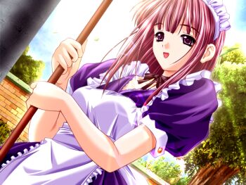 1girl :d apron breasts broom choker dutch_angle game_cg holding holding_broom m&amp;m_(mickey_and_mackey) maid_apron maid_headdress medium_breasts medium_hair ningyou_no_yakata open_mouth red_eyes red_hair smile solo yuasa_nanami