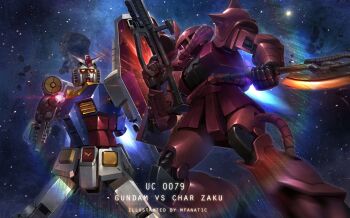 Rule 34 | absurdres, aiming, artist name, asymmetrical dual wielding, battle, character name, commentary, dual wielding, energy gun, english commentary, gun, gundam, heat hawk, highres, holding, holding gun, holding weapon, mecha, mecha focus, mf draws, mobile suit, mobile suit gundam, no humans, one-eyed, pink eyes, robot, rx-78-2 gundam, science fiction, shield, shoulder spikes, space, spikes, star (sky), v-fin, weapon, yellow eyes, zaku ii s char custom