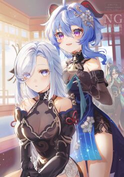 3girls absurdres ahoge architecture bare_shoulders black_dress black_hair blue_eyes blue_hair breasts colored_inner_hair commentary_request detached_sleeves dress east_asian_architecture ganyu_(genshin_impact) ganyu_(twilight_blossom)_(genshin_impact) genshin_impact glasses goat_horns green_hair grey_hair hair_between_eyes hair_ornament highres horns ichiyume_ichiyu long_hair long_sleeves looking_at_viewer medium_breasts multicolored_hair multiple_girls official_alternate_costume official_alternate_hairstyle purple_eyes red-framed_eyewear semi-rimless_eyewear shenhe_(frostflower_dew)_(genshin_impact) shenhe_(genshin_impact) sidelocks sleeveless sleeveless_dress tassel two-tone_hair very_long_hair xianyun_(genshin_impact)